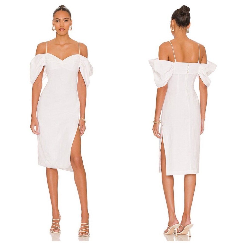 L’Academie White Linen Blend Gemma Midi Dress Size S